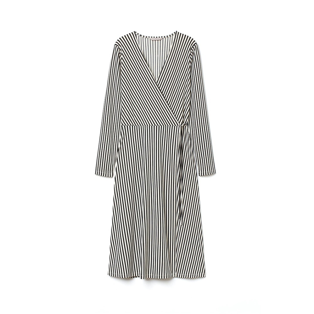 Wrap Dress with black and white stripes| Midi length | V Neck | Balloon Sleeves